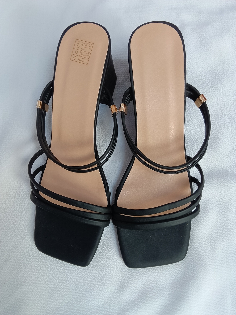 Black Strappy Square-Toe Mule Sandals with Gold Accent Rings